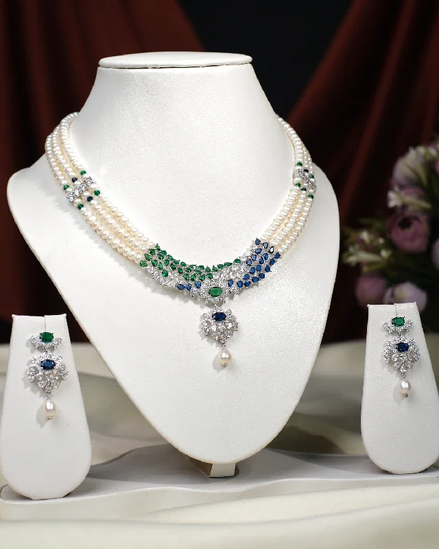 Swirl pattern necklaces-Y Necklaces-Crystal Cascade  CZ Stone 3 Line Necklace Set