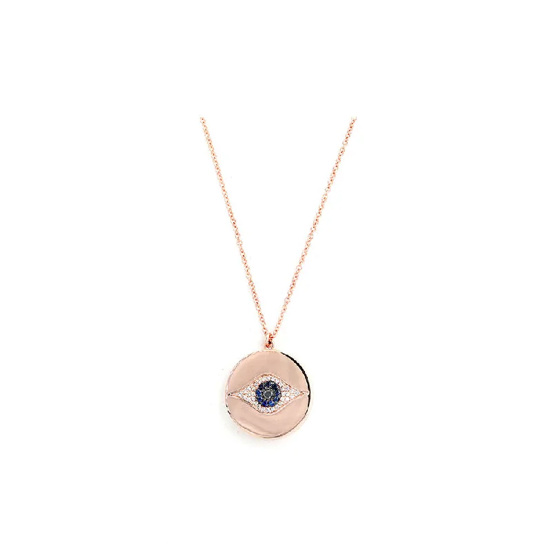 Smooth disc necklaces-Party Necklaces-14k Rose Gold Diamond, Black Diamond and Sapphire Evil Eye Locket Necklace