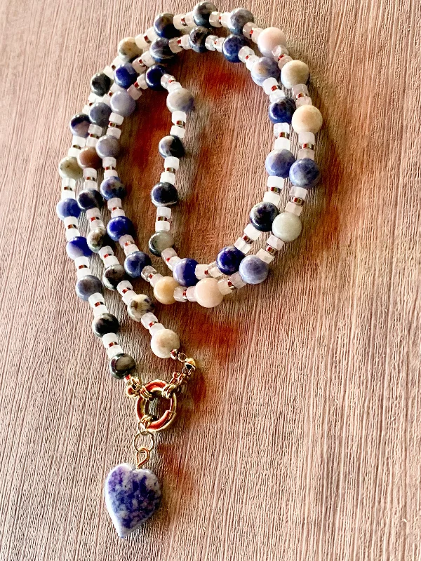 Fine thread necklaces-Punk Necklaces-Belinda Handmade Sodalite, Moonstone, and Silver Plated Hematite 30" Necklace with Sodalite Heart Pendant