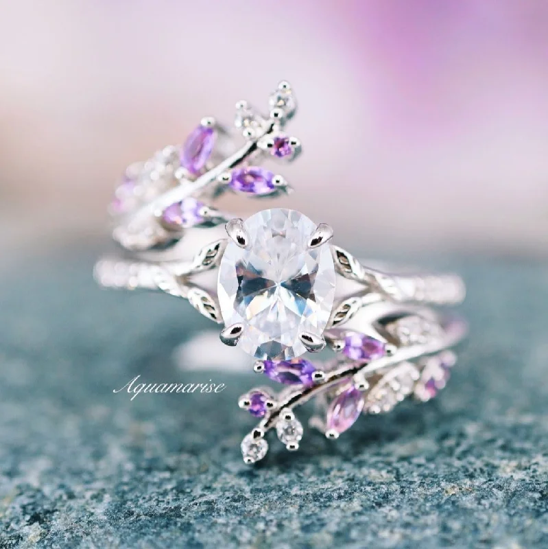 Vivid diamond engagement rings-Satin cord earrings-Lock Engagement Rings-Fairy Amethyst & Diamond Engagement Leaf Ring Set- 925 Sterling Silver