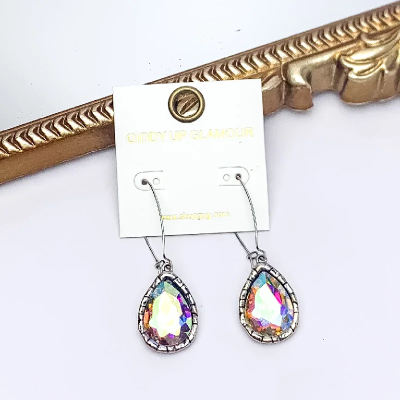 Lever-Back Earrings-Radiant Kidney Wire Teardrop Earrings With AB Crystals in Silver Tone