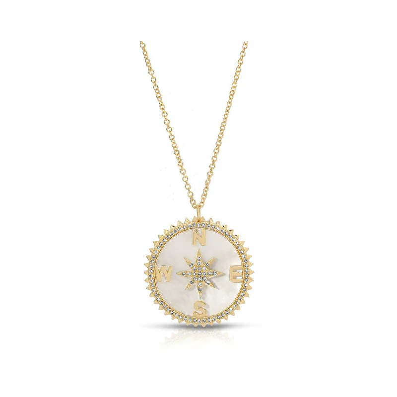 Satin gold necklaces-Diamond Necklaces-14K Yellow Gold Mother of Pearl and Diamond Compass Necklace