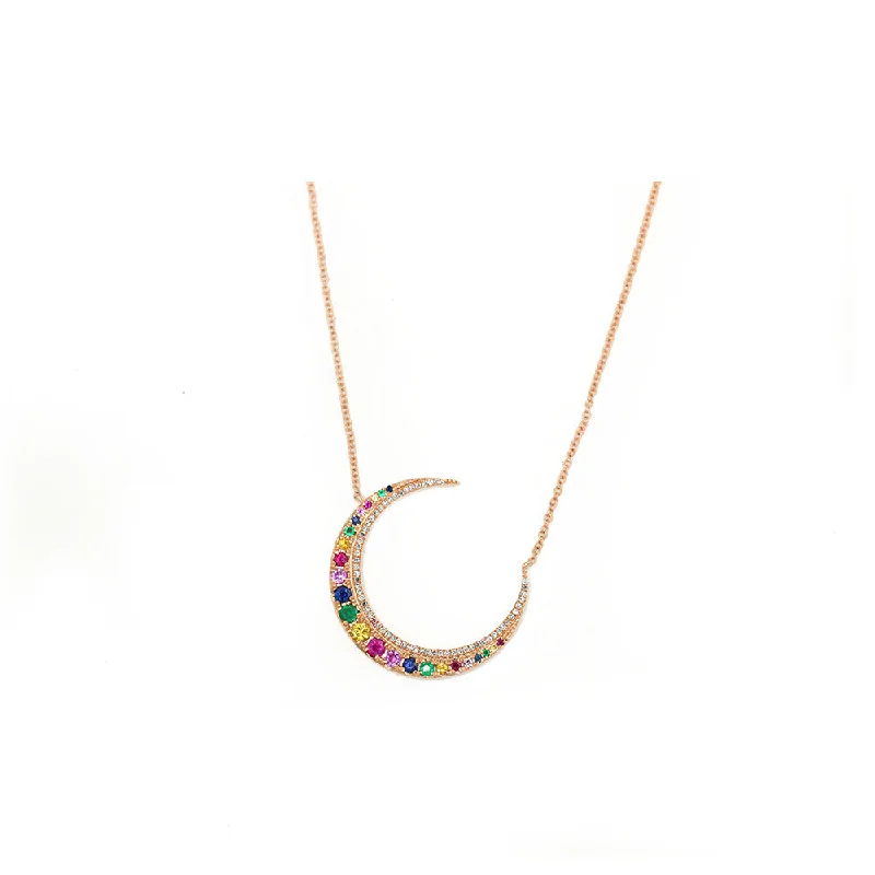 Old coin necklaces-Handcrafted Necklaces-14k Rose Gold Rainbow Sapphire Crescent Necklace