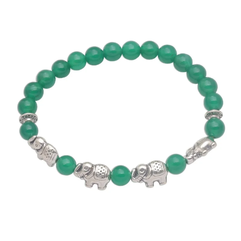 Thread wrap bangles-Fairy Rings-NOVICA Elephant Cavalcade in Green, Quartz beaded stretch bracelet