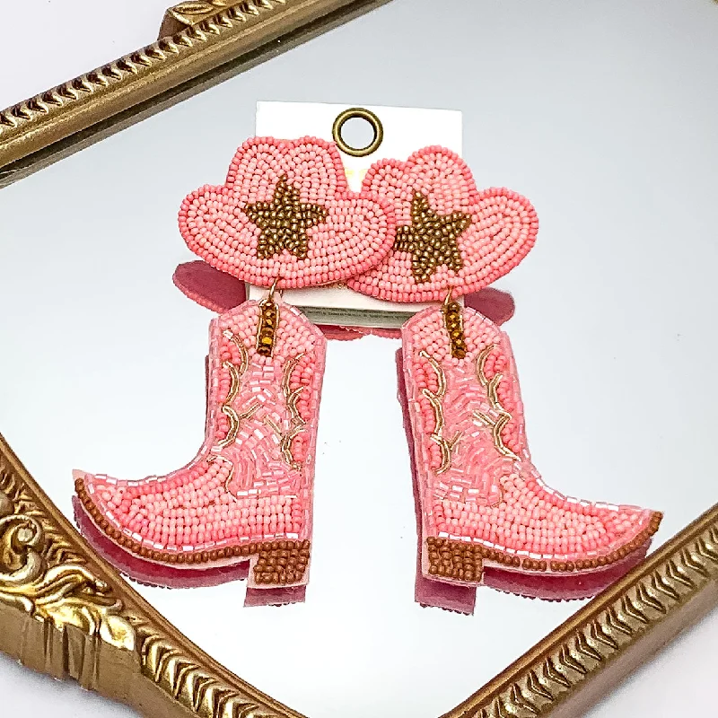 Historical Earrings-Beaded Cowboy Hat and Boot Earrings with Gold Star in Pink