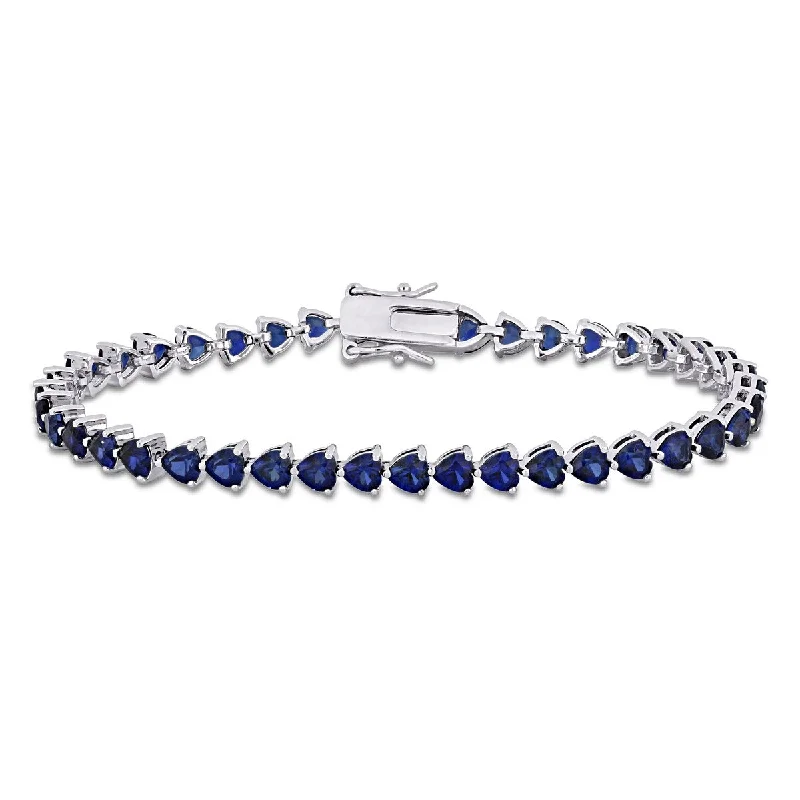 Fine dot bangles-Gothic Rings-Miadora 11.40ct TGW Heart Shape Created Blue Sapphire Tennis Bracelet in Sterling Silver