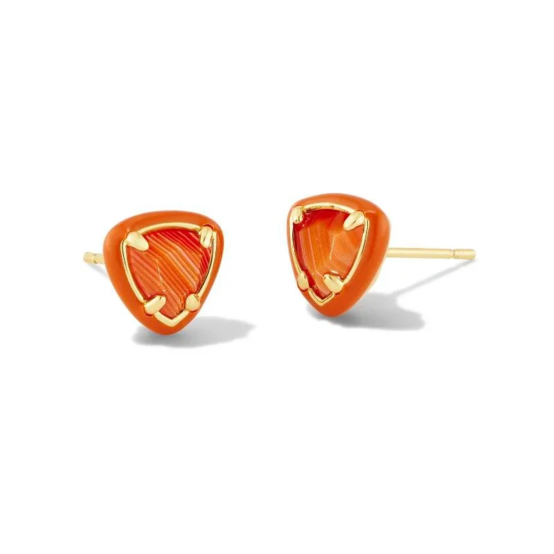 Ear Cuff Earrings-Kendra Scott | Arden Gold Enamel Framed Stud Earrings in Orange Banded Agate