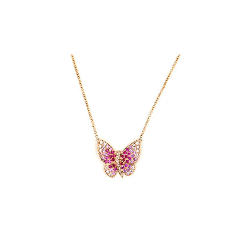 Flat gem necklaces-Feather Necklaces-14k Rose Gold and Multi Color Pink Sapphire Butterfly Necklace