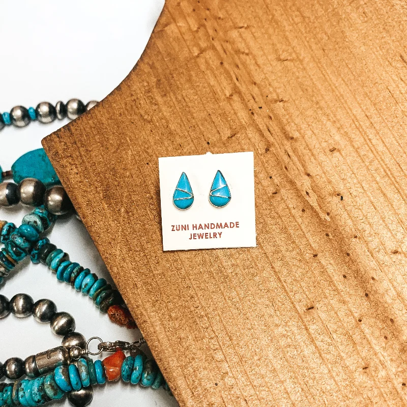 Custom Earrings-Zuni | Zuni Handmade Sterling Silver Teardrop Stud Earrings in Turquoise