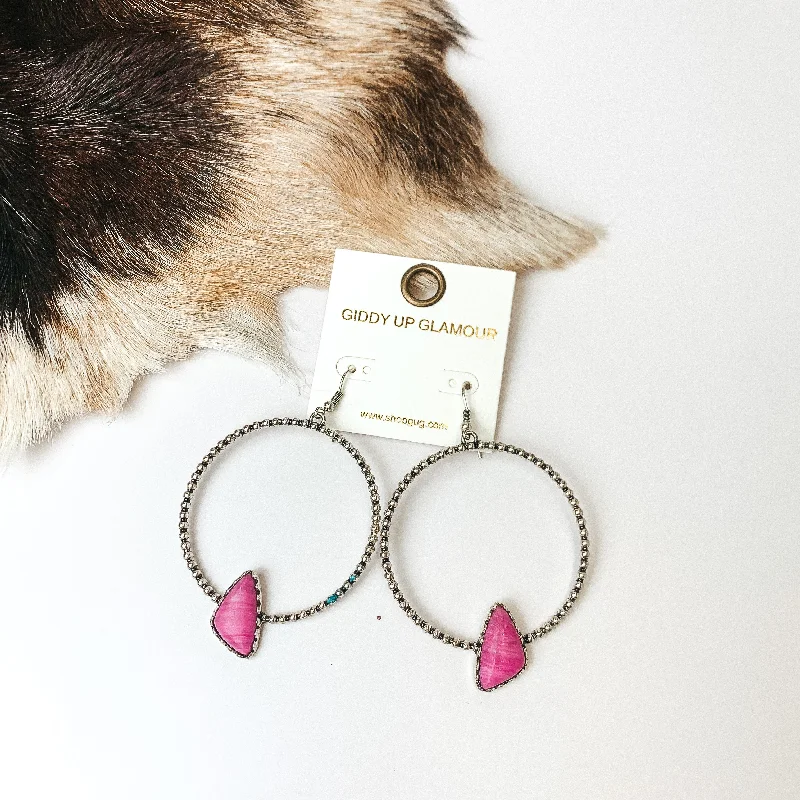 Tassel Earrings-Silver Tone Textured Hoop Earrings with Pink Stone