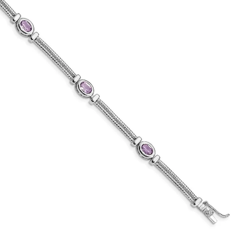 Ethnic bead bangles-Heavy Rings-Curata 925 Sterling Silver Textured Polished Box Catch Closure Amethyst Bracelet 7 Inch Box Clasp