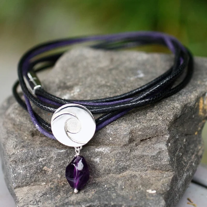 Ethnic bead bangles-Wide Bangles-Handmade Sterling Silver 'Integration' Amethyst Bracelet (Mexico) - Black