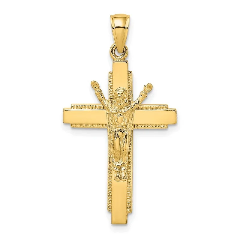 Short pendant necklaces-Chain Necklaces-Curata 14k Yellow Gold Risen Christ Crucifix Beaded Edge Cross Necklace 18mm x 35mm