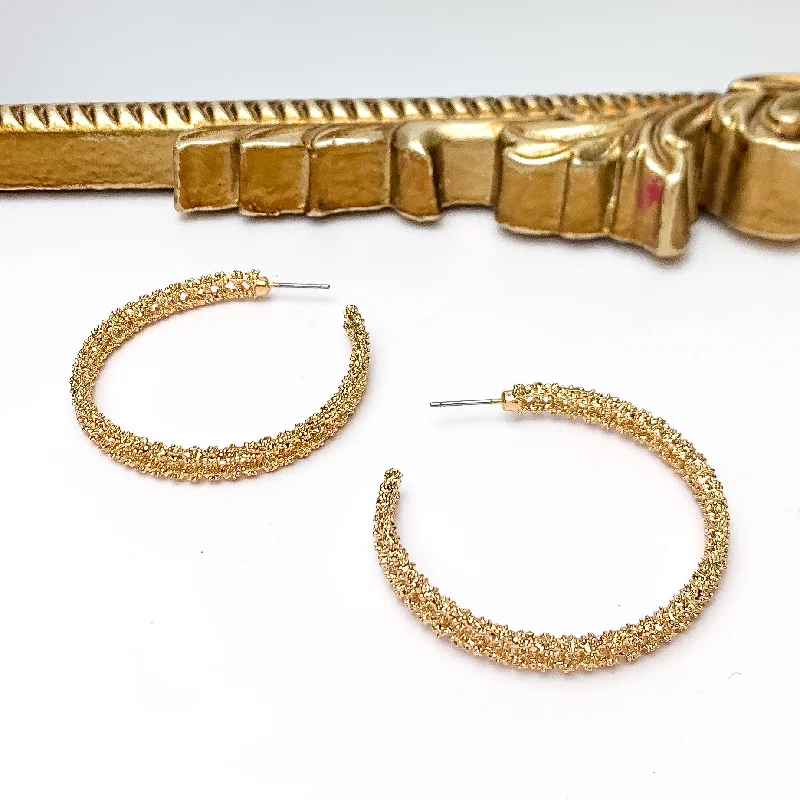 Clip-On Earrings-Worry Free Large Gold Tone Textured Hoop Earrings