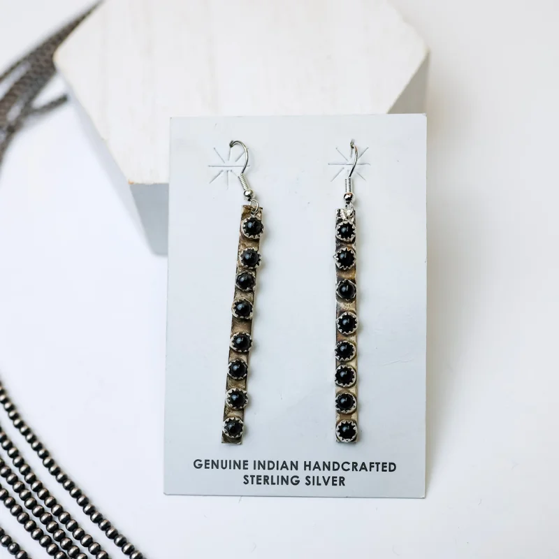 Fantasy Earrings-Rick Enriquez | Navajo Handmade Sterling Silver Drop Earrings with Black Onyx Stones