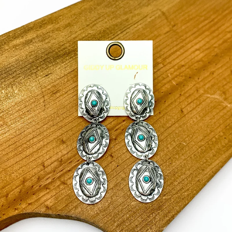 Dragon Earrings-Three Tier Silver Tone and Turquoise Oval Dangle Earrings