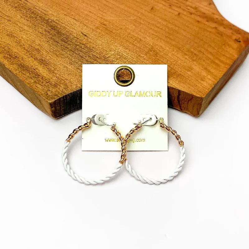 Lightweight Earrings-Twisted Gold Tone Hoop Earrings in White