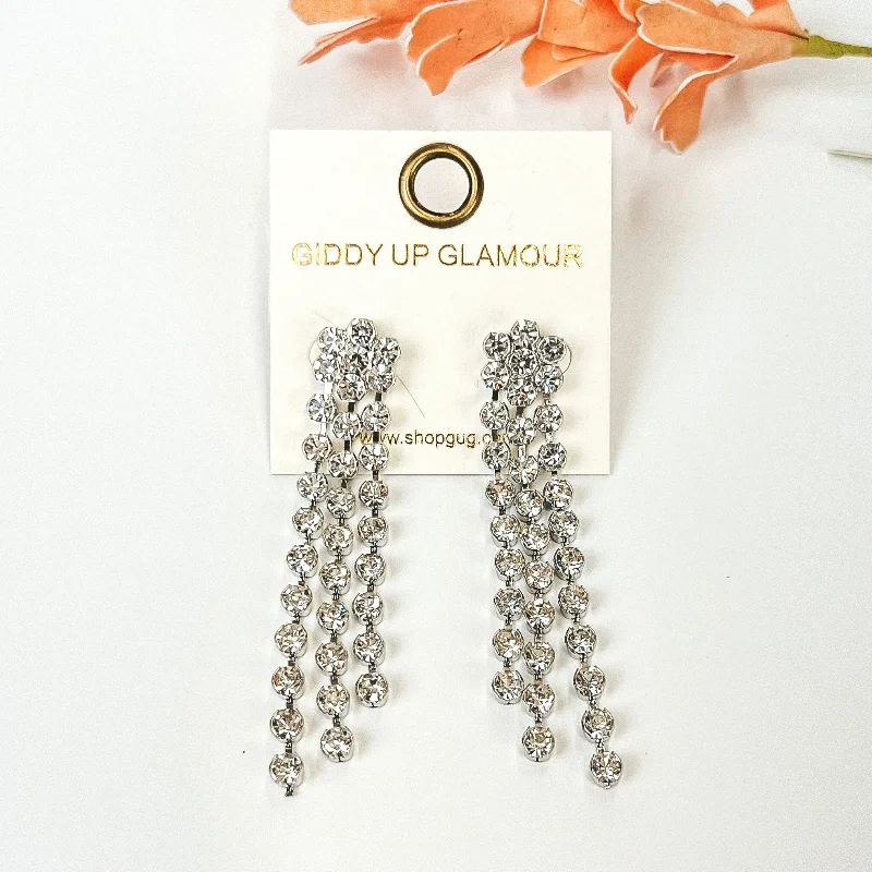 Chandelier Earrings-Night of Sparkles Tassel Earrings with Clear Crystals in Silver Tone