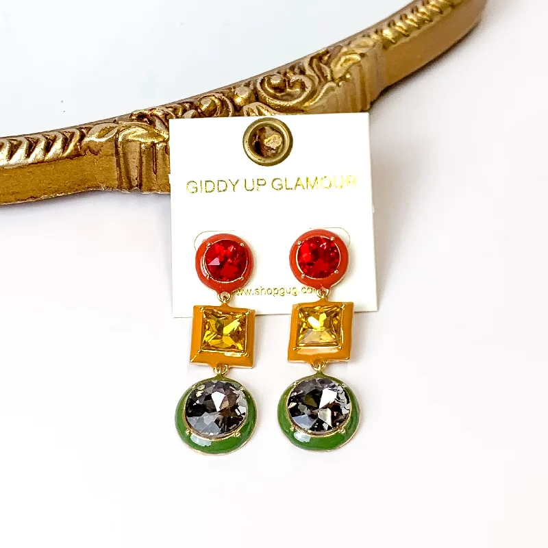 Party Earrings-3 Tier Multicolor Enamel Drop Earrings in Red/Yellow/Green