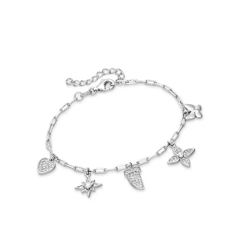 Spring clasp bangles-Handcrafted Rings-Sterling Silver & Cubic Zirconia Pave Floral Star Heart Charm Bracelet