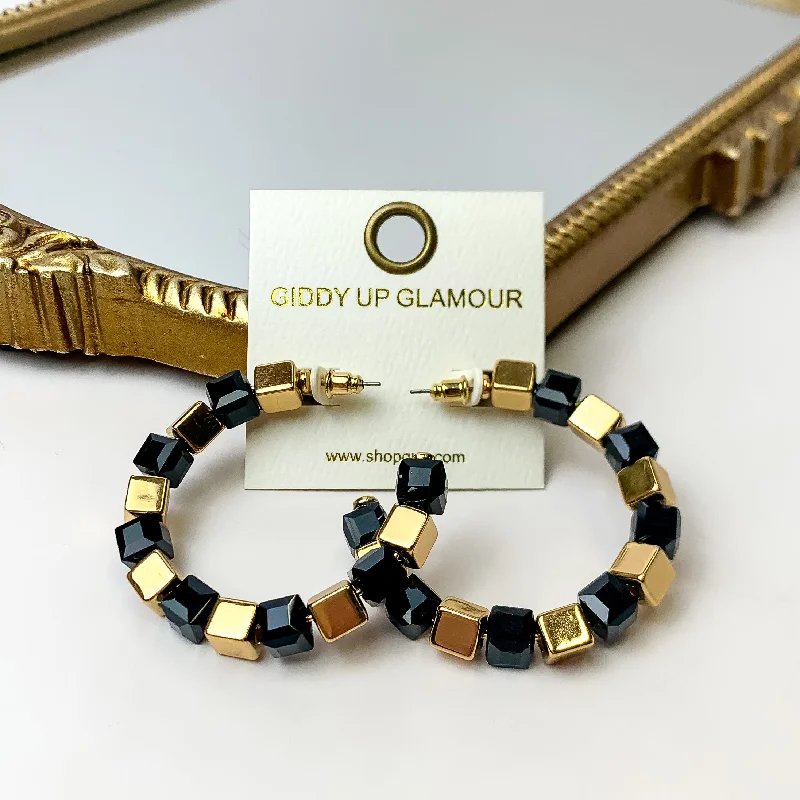 Cubed Elegance Beaded Hoop Earring in Gold and Black