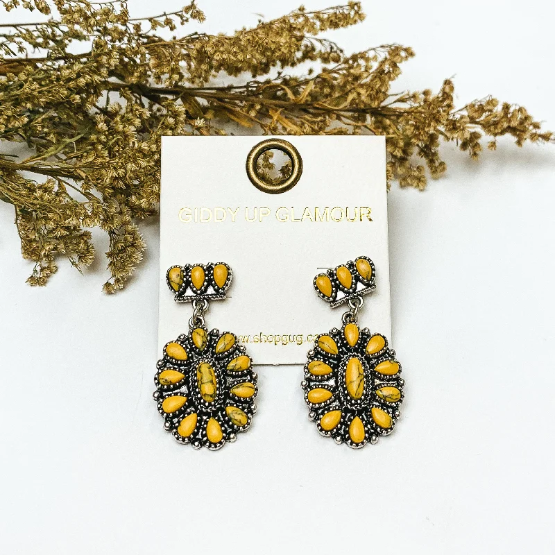 Ethnic Earrings-Silver Tone Cluster Post Earrings with Oval Cluster Drop with Yellow Stones