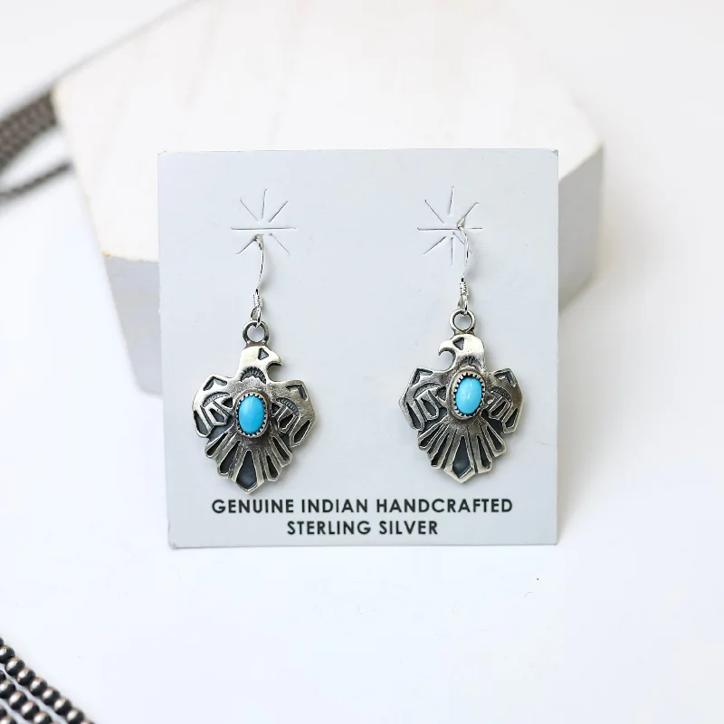 Hip Hop Earrings-Roberta Begay | Navajo Handmade Small Sterling Silver Thunderbird Earrings with Turquoise Stones