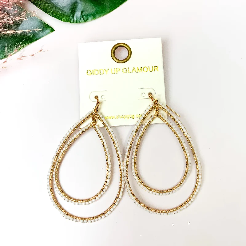 Hypoallergenic Earrings-Double Open Teardrop Gold Tone Earrings with Beaded Outline in White