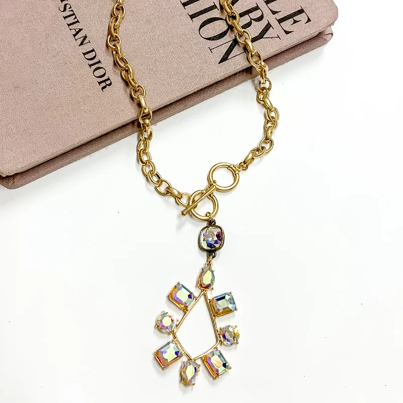 Statement Earrings-Pink Panache | Gold Tone Chain Necklace with a AB Crystal Drop and Crystal Teardrop Pendant