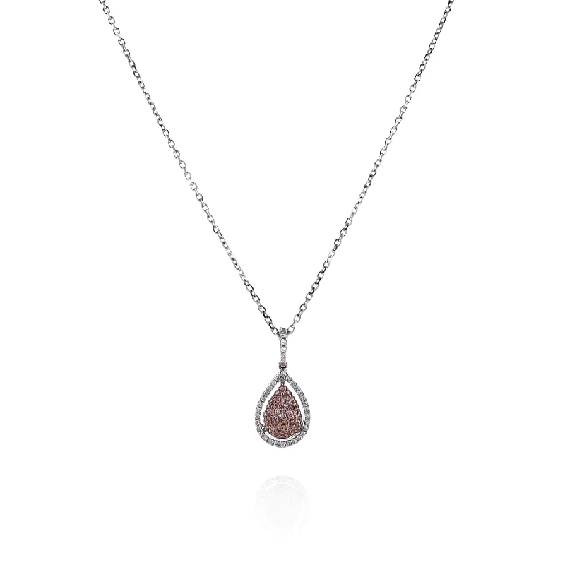 Hope eye necklaces-Affordable Necklaces-18k White Gold Pear Shaped Pink and White Diamond Halo Pendant Necklace