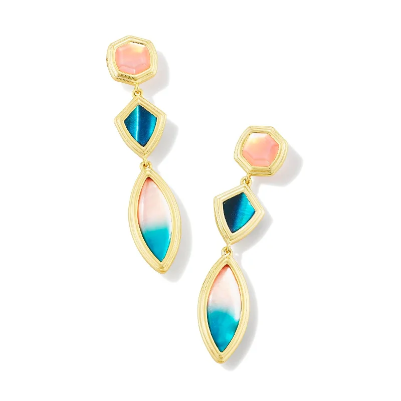 Dangle Earrings-Kendra Scott | Monica Gold Linear Earrings in Teal Mix