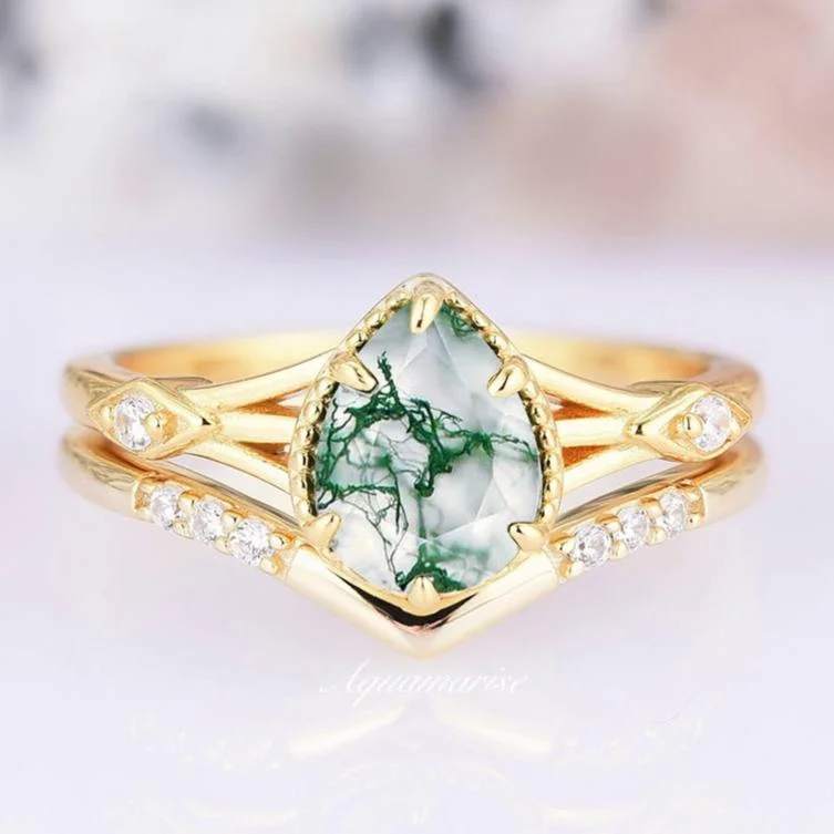 Vivid diamond engagement rings-Satin cord earrings-Lock Engagement Rings-Celtic Green Moss Agate Ring Set- 14K Solid Yellow Gold