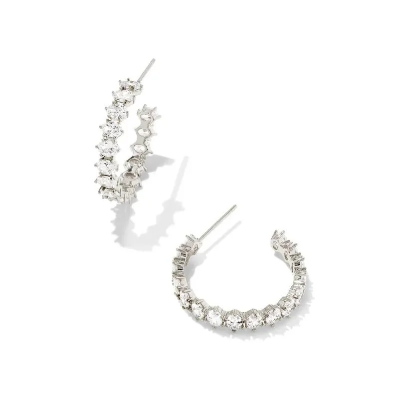 Luxury Earrings-Kendra Scott | Cailin Silver Crystal Hoop Earrings in White Crystal