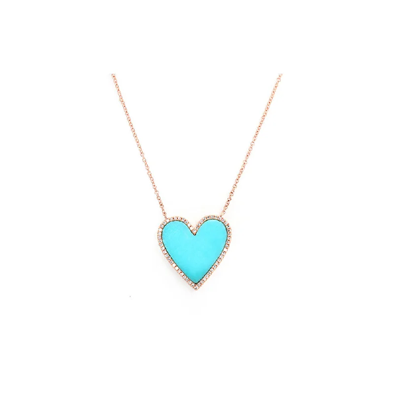 Linen cord necklaces-Planet Necklaces-14k rose gold diamond pave and turquoise heart necklace