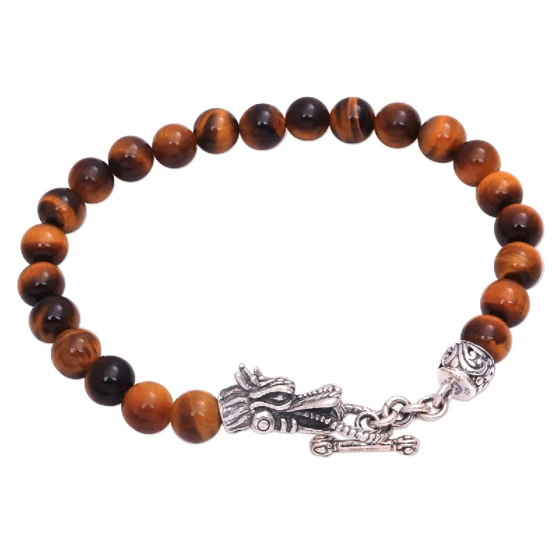 Worn lock bangles-Arrow Rings-NOVICA Dragon Pride in Brown, Men's tiger's eye beaded bracelet