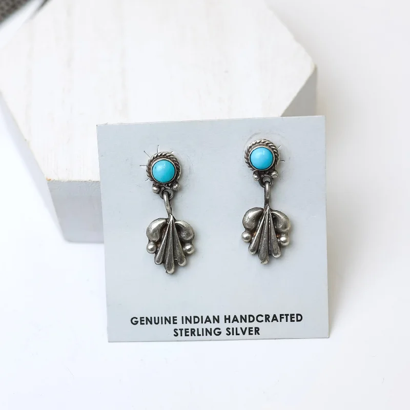 Gothic Earrings-Annie Spencer | Navajo Handmade Sterling Silver Dainty Ornate Earrings with Kingman Turquoise