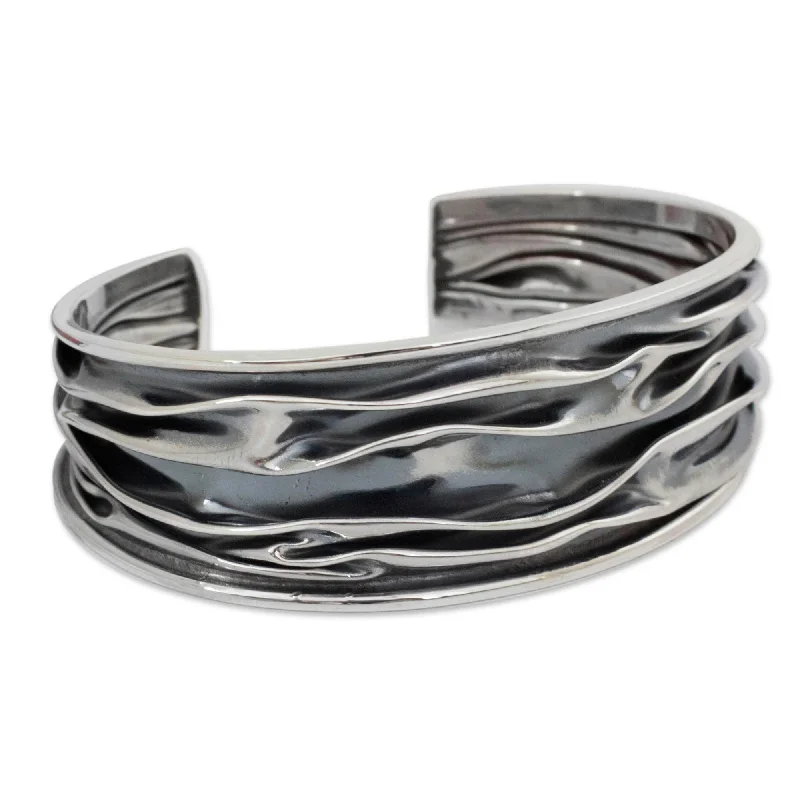 Thread tassel bangles-Thick Bangles-Sterling Silver River Oxidized Finish Cuff Bracelet