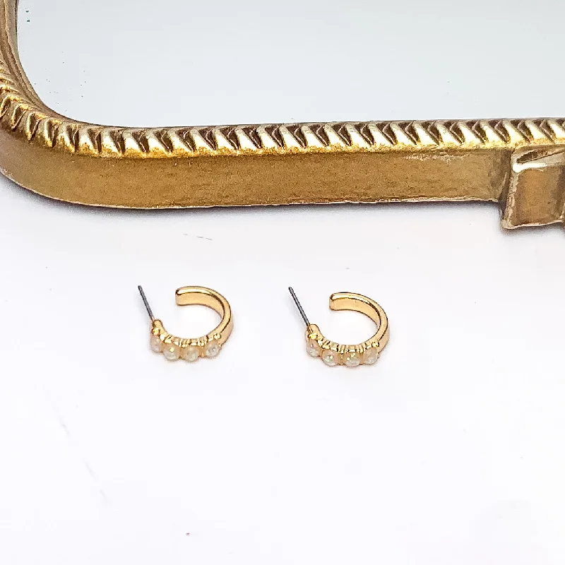 Push-Back Earrings-Small Gold Tone Hoop Earrings With Opal Stones