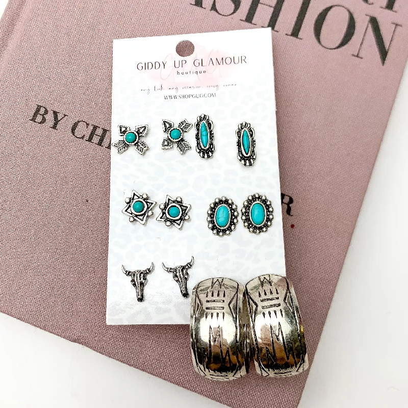 Customizable Earrings-Set of Six | Turquoise Blue and Silver Tone Western Design Stud Earrings