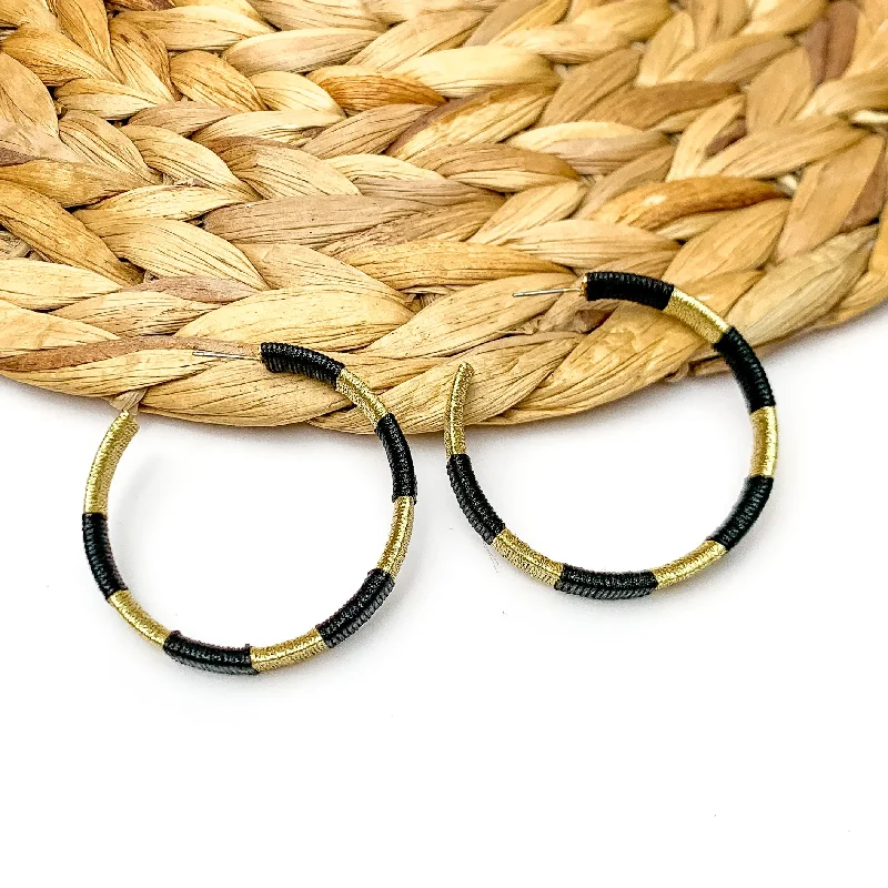 Chandelier Earrings-Game Day Glam Colored Hoop Earrings in Black and Gold