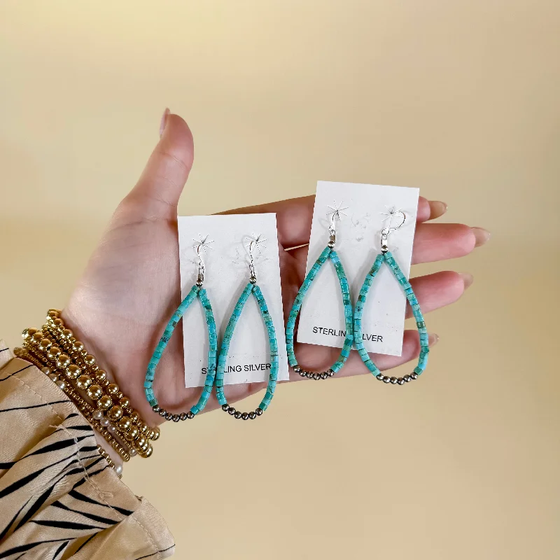 Hip Hop Earrings-Corraine Smith | Navajo Handmade Turquoise Beaded Teardrop Earrings with Sterling Silver Navajo Pearls