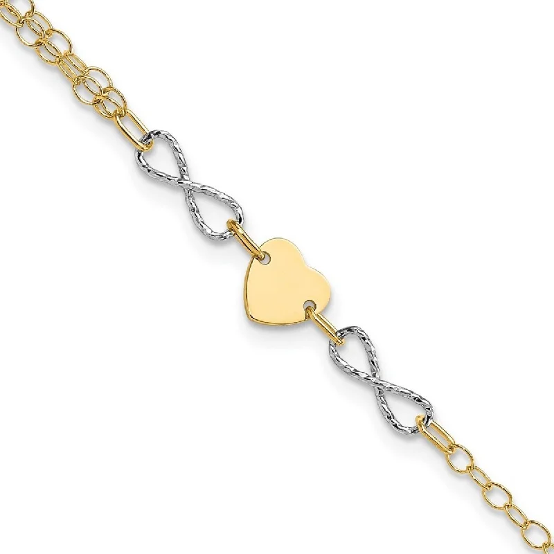 Layered chain bangles-Infinity Rings-Curata 6.8mm 14k Two tone Gold Polished Infinity and Love Heart Bracelet 7 Inch