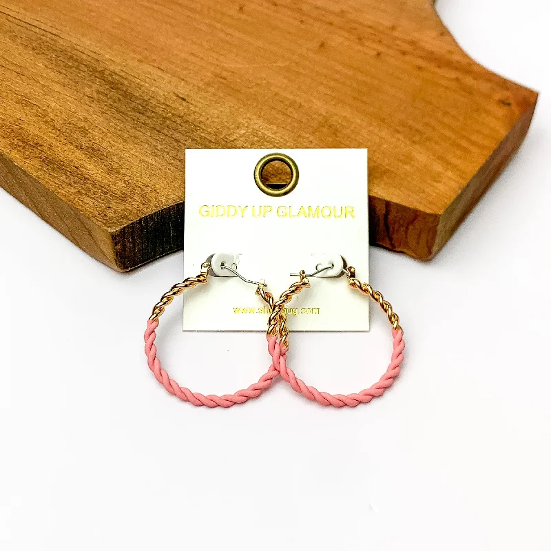 Lever-Back Earrings-Twisted Gold Tone Hoop Earrings in Light Pink