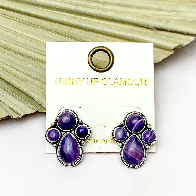 Cultural Earrings-Silver Tone Cluster Stone Earrings in Purple