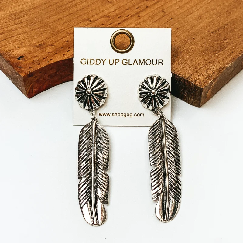 Statement Earrings-Concho Feather Drop Earrings in Silver