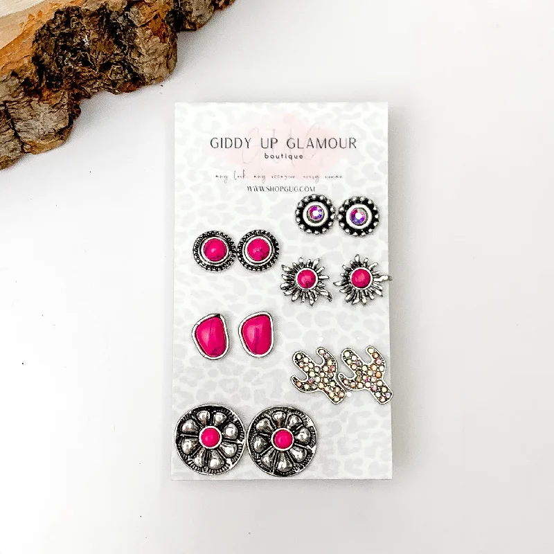 Cultural Earrings-Set Of Six | Western Flowers Fuchsia Pink and Silver Tone Stud Earrings