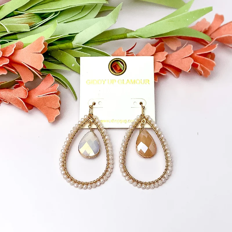 Abstract Earrings-Ivory Stone Inside Open Beaded Teardrop Earrings with Gold Tone Outline