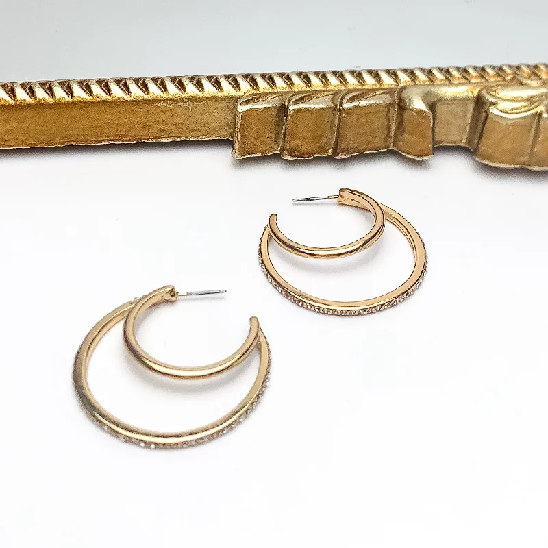 Gold Earrings-Midnight Hour Gold Tone Hoop Earrings With Clear Crystals