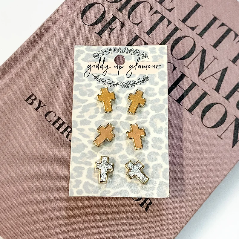 Name Earrings-Druzy Cross Stud Earring Set in a Neutral Mix