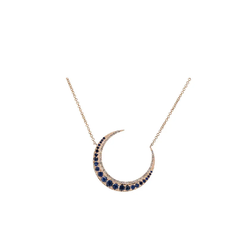 Moon sign necklaces-Formal Necklaces-14KT Rose Gold Diamond Pave and Sapphire Crescent Necklace